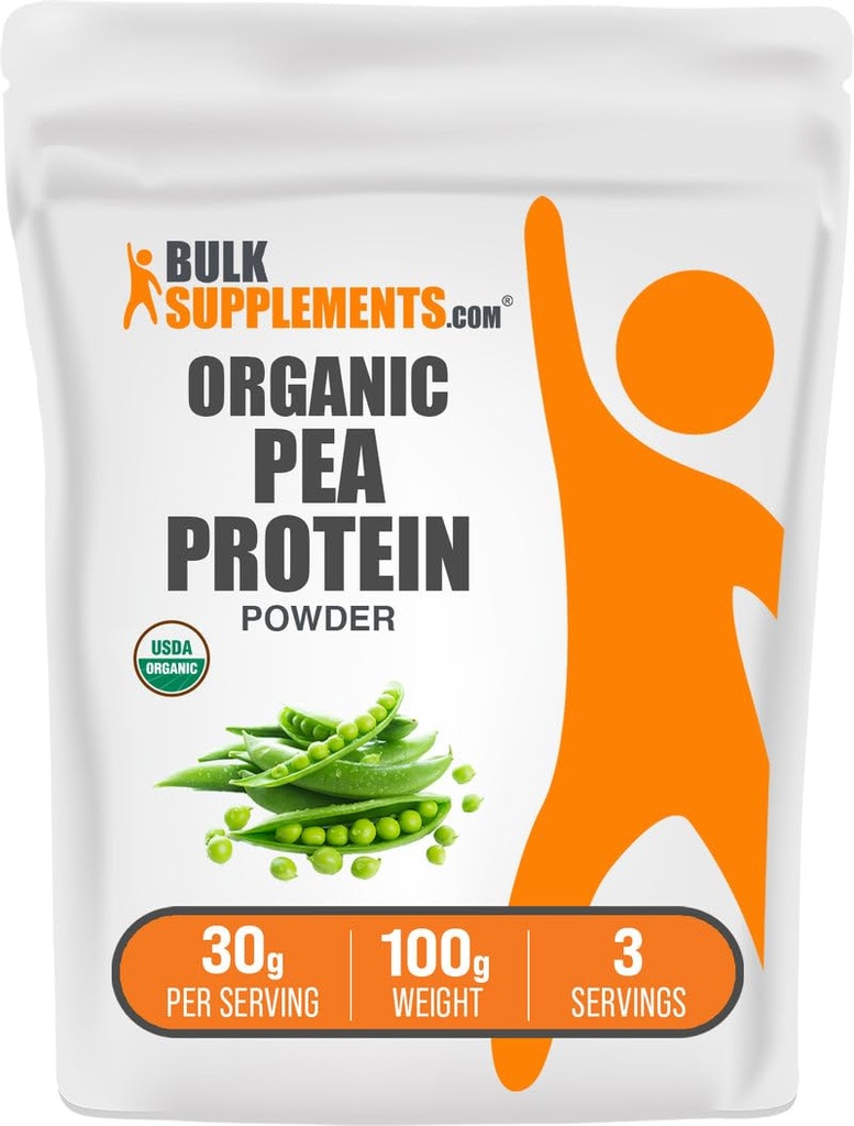 BulkSupplements.com Pudră organică de proteine pe bază de mazăre - Pudră de proteine pe bază de plante și Vegan - fără aromă și gluten, 30g per Serving, 100g (3.5 oz) (Pachet de 1)