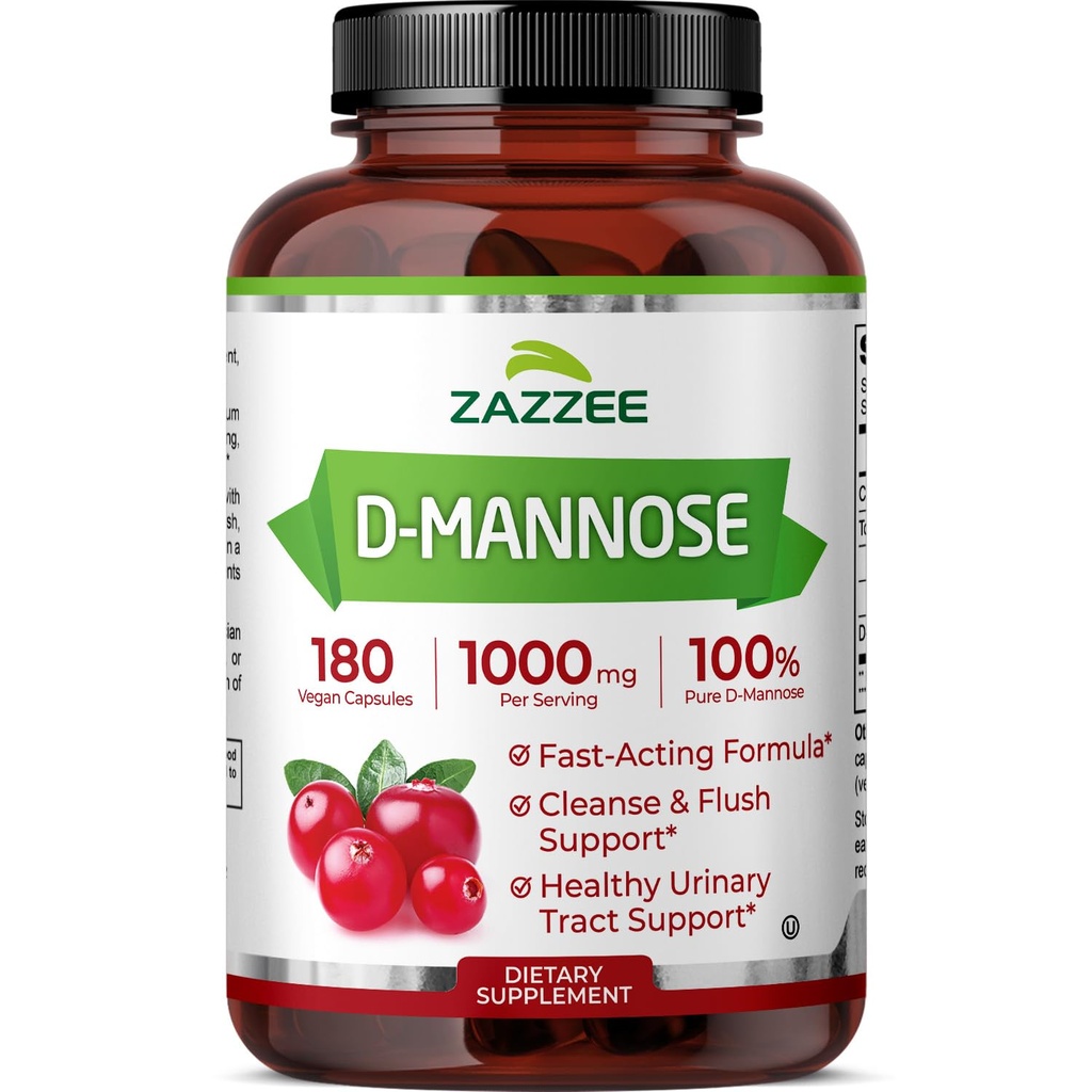 Zazzee D-Mannose, 1000 mg per Serving, 180 capsule Vegane, 3 Luna de aprovizionare, Potent & Fast-Action, Certified Kosher, 100% Pur, All-Natural Tract Health Support, 100% Vegetarian, Non-GMO