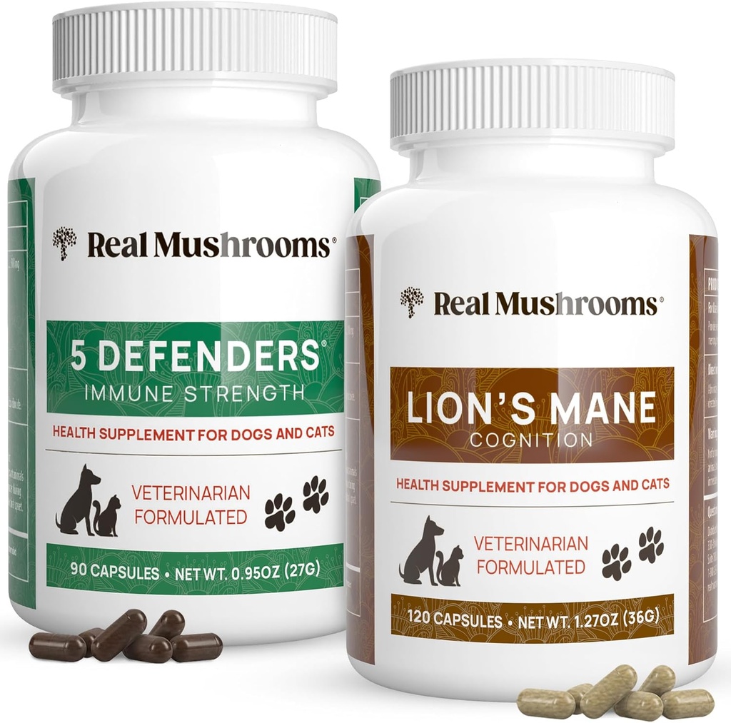 Ciuperci reale 5 Apărători pentru animale de companie (90ct) și Lions Mane pentru animale de companie (120ct) - Bundle for Immune Putere & cognitive - Vegan, non-GMO, Gluten-Free, Grain-Free Mushroom Pet Suplimente