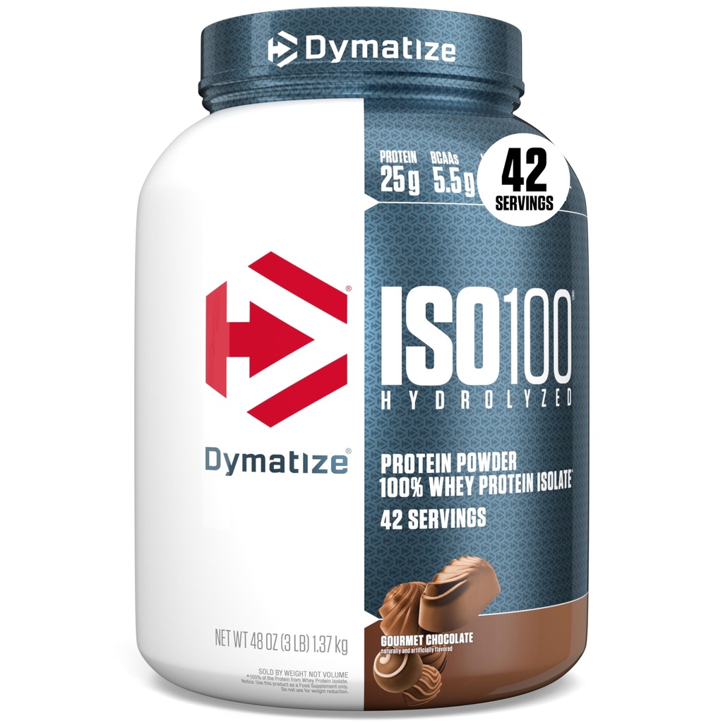 Dymatize ISO100 Hidrolized Proteine Powder, 100% Whey Izolate Proteine, 25g de proteine, 5,5g BCAAs, Gluten gratuit, Absorbare rapidă, Easy Digesting, Gourmet Ciocolata, 3 Pound (42 Servings)