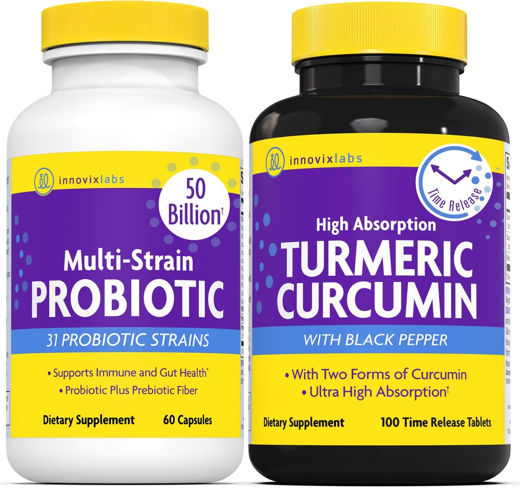 InnovixLabs Multi Probiotic & Curcumin Bundle Multi-Strain Probiotic (60 capsule de timp-Release) Curcumina Turmeric (100 comprimate de timp-Release). Susţine curajul şi sănătatea imună. *