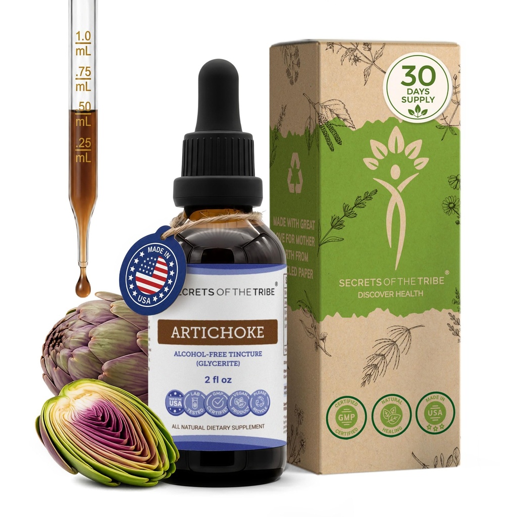 Secretele Tribului Anghinare Tinctură Extract lichid fără alcool, Anghinare (Cynara scolymus) Frunză uscată (2 FL OZ)