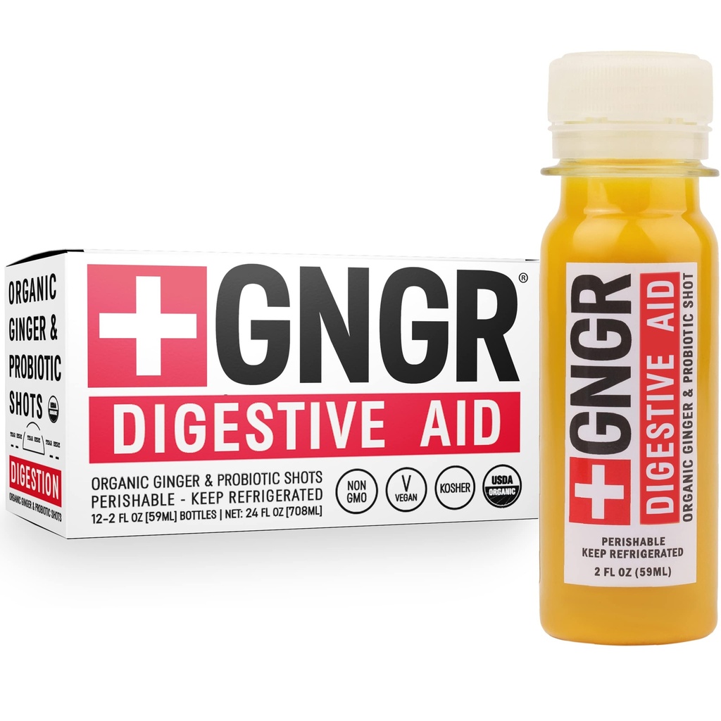 +GNGR Digestive Aid Ginger Ecologic Shots with Probiotics, Gut Health, Colon Cleanse, Bloating Relief, Gut Detoxifiere, Imunitate Shots with Ginger Juice, Turmeric, Black Pepper. (2 Oz, Pack of 12)