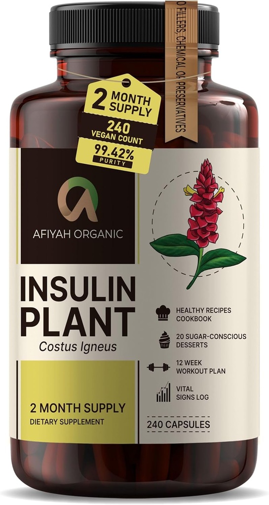 Premium Quality Costus Igneus (Insulin Plant) Capsule - Ușor de înghiţit 240 Capsule Veggie (2 lună de aprovizionare) - Made in the USA - Inclusiv Programul complet de asistență medicală
