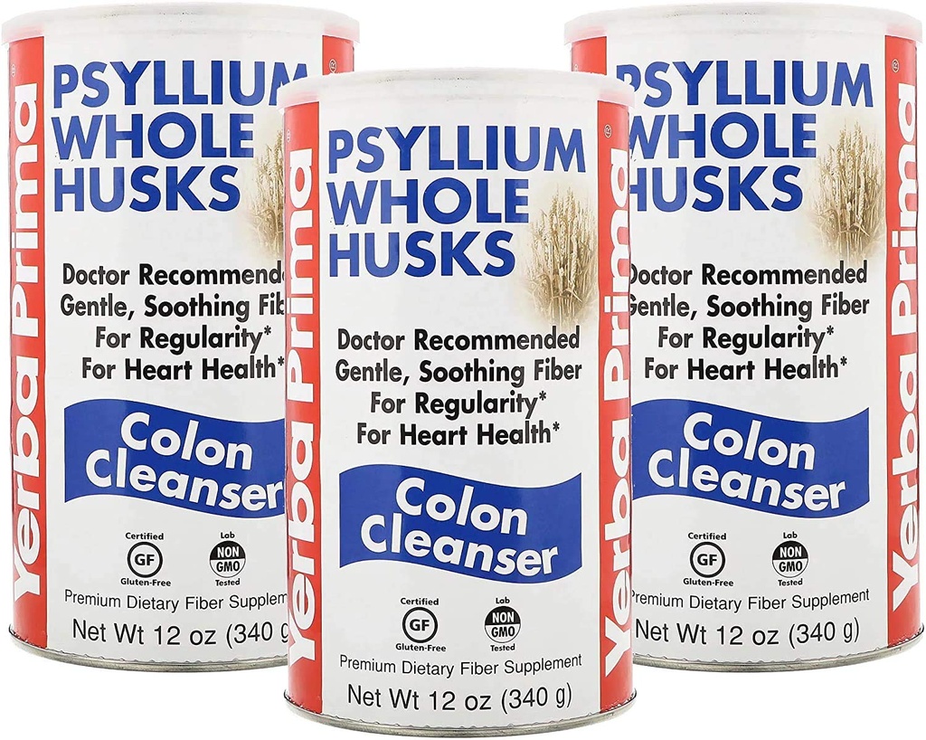 Yerba Prima Psyllium Husk, 12 Ounce (Pachet de 3) - Whole Husk Fiber Supplement for Regularity, Colon Cleansing, Natural Support for Gut Health, Non GMO, Gluten Free, Vegan, No Sweeteners