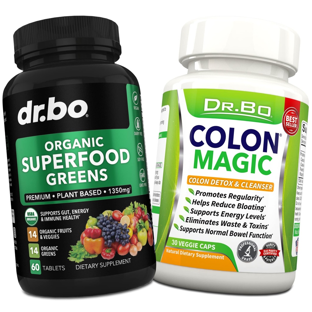 Superalimente organice Verzi și Suplimente de fructe - Colon Cleanse Detox Formula pentru balonare intestinală - Green Veggie pulbere Blend legume alimentare și constipație Relief Gut, burtă, stomac