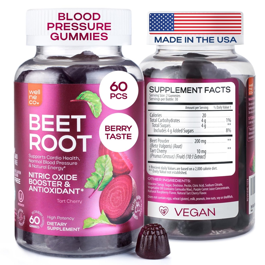Sfeclă Chews for High Blood Tensiune - Root Gumies Made in USA cu tarta Cherry - Nitric oxid Suplimente pentru energie si Cardio Health - Vegan, No OMG, Pectin based - for Women and Men, 60 Pcs