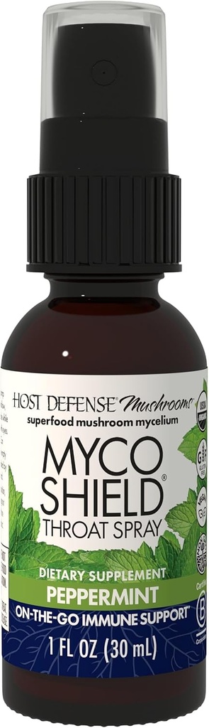 Hoste Defense MycoShield Gât Spray - Immune Health Supplement - Dietery Mushroom Supplement with Chaga, Reishi, Turkey Tail & More - On-The-Go Immune Support - Peppermint, 1 fl oz (71 Servings) *