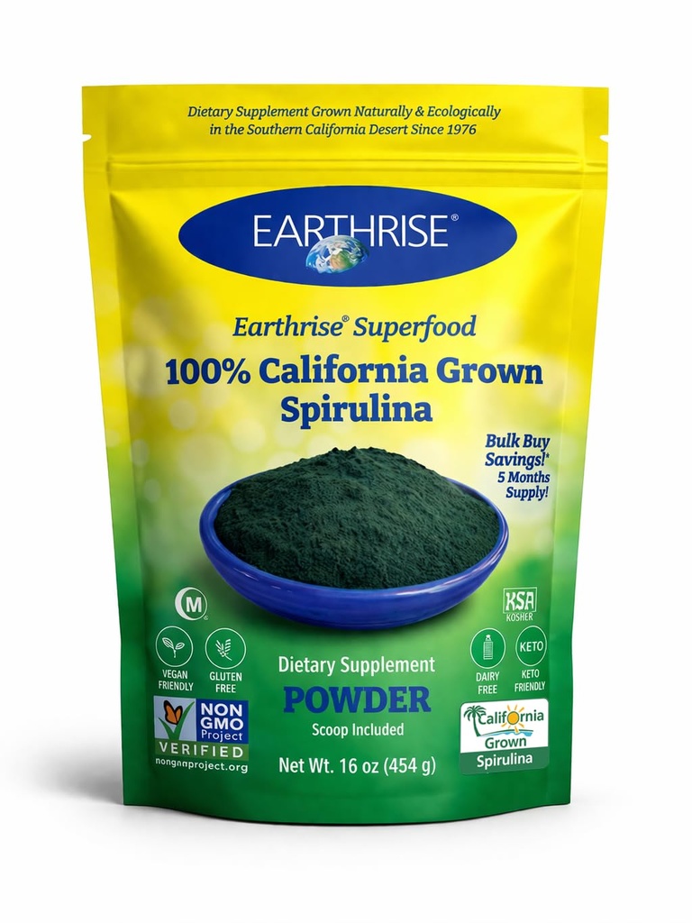 Earthrise Spirulina Natural Powder 16oz, Natural Premium Spirulina din California-Vegan, Gluten Free, Keto Friendly, Non-GMO Super Food ridicat în vitamine și minerale. (1 LB)