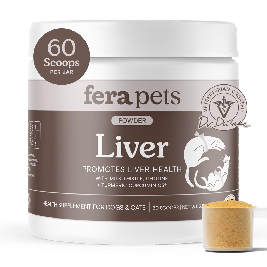 Fera Animale de companie supliment de ficat pentru câini și pisici cu muls de lapte, colină și turmeric - botanică organică - îmbunătățește funcția ficatului, imunitate, detoxifiere, funcția metabolica - pulbere - 60 Scoops