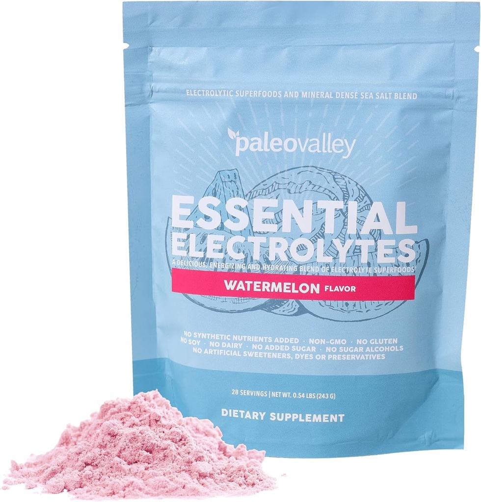 Paleovalley Essential Electrolytes pulbere - Spectrum complet Pepene verde Electrolit Pulbere pentru hidratare, energie si recuperare musculara - Fără zahăr adăugat - 28 Serviri