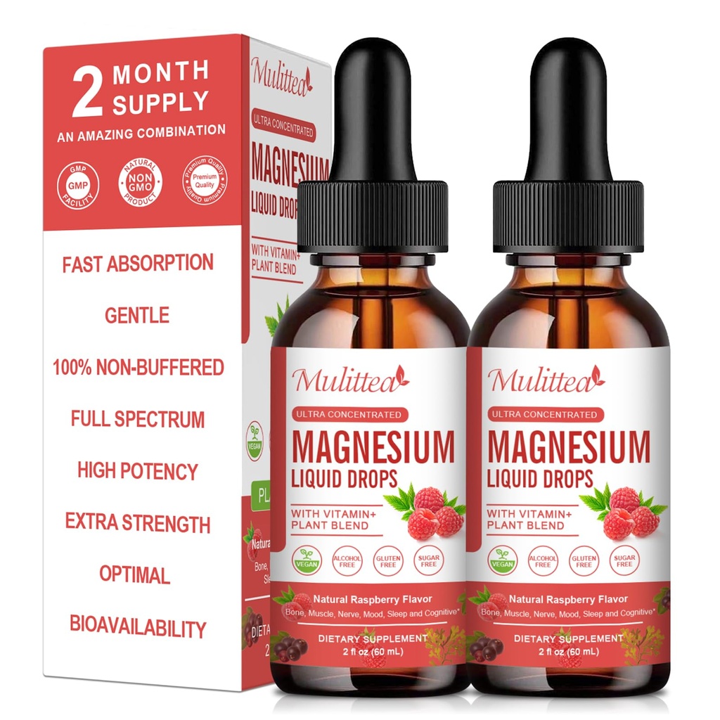 Magneziu Glicinate lichid picătură - triplu absorbţie Supliment pentru a sprijini nervi, somn, calm, inima, musculare * -Sugar-Free cu potasiu, L-Teanină, Sea Moss, Vitamina B,C,D3, K2-2Pack