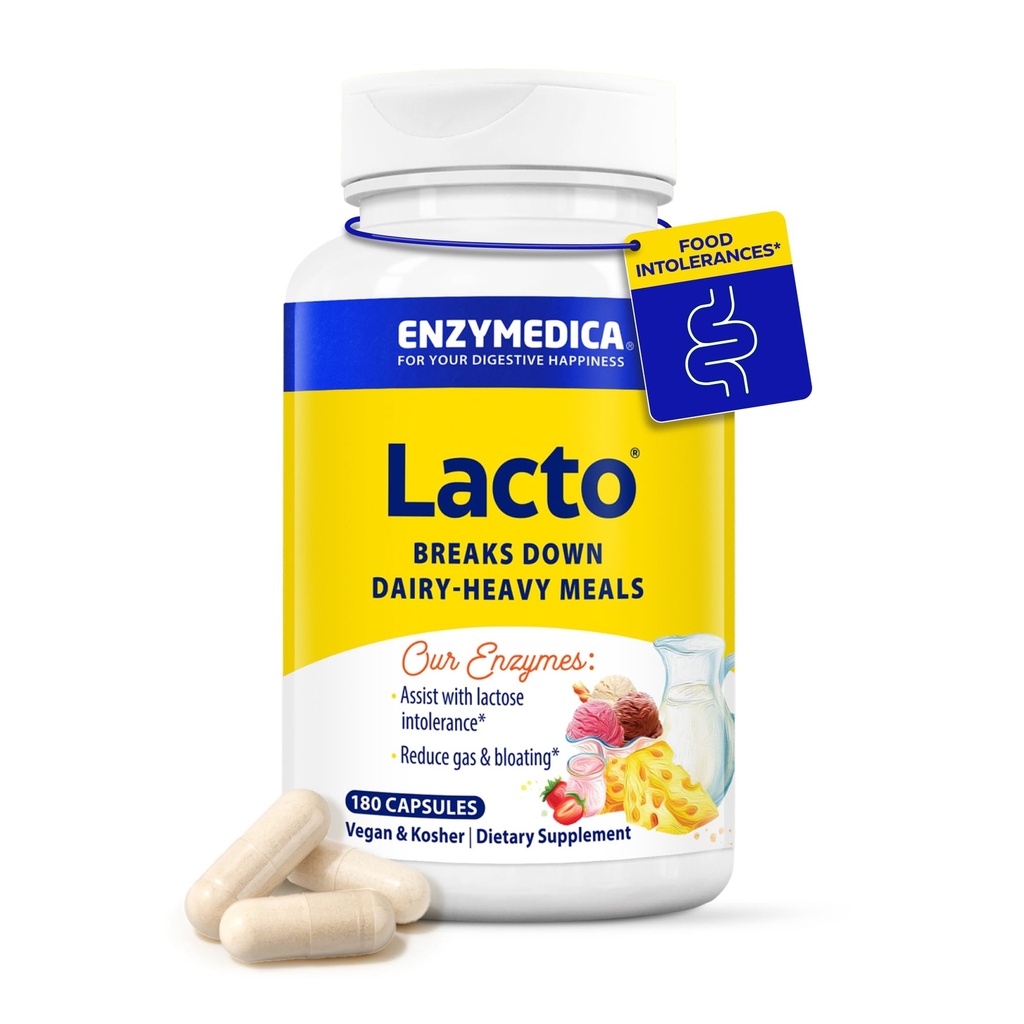 Enzymedica Lacto, Pastile Lactase Advanced pentru Asistenta Dairy, Ajuta la descompunerea lactozei, Casein & Fat, Dairy Relief Pills, Vegan, 180 Capsule