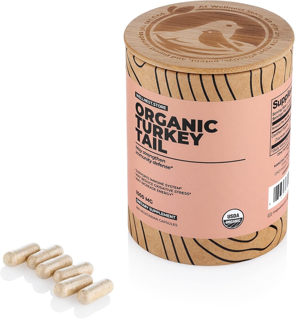 Wellnest. Magazin Turkey Tail Organic Mushroom (Extract Trametes) 200 Veggie Caps - Supplement de sprijin imun; Promovează creșterea bacteriilor benefice în Gut + Boosts Energy