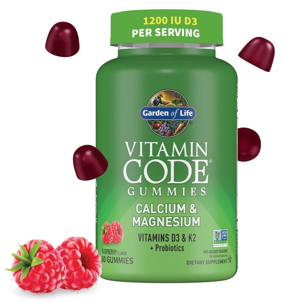 Gradina de viata Cod Vitamina Gume de magneziu de calciu cu D3 & K2, suporta sanatatea osoasa si rezistenta osoasa + prebiotice si probiotice pentru suport digestiv, non-GMO, gluten-gratuit, 60 gume de zmeura