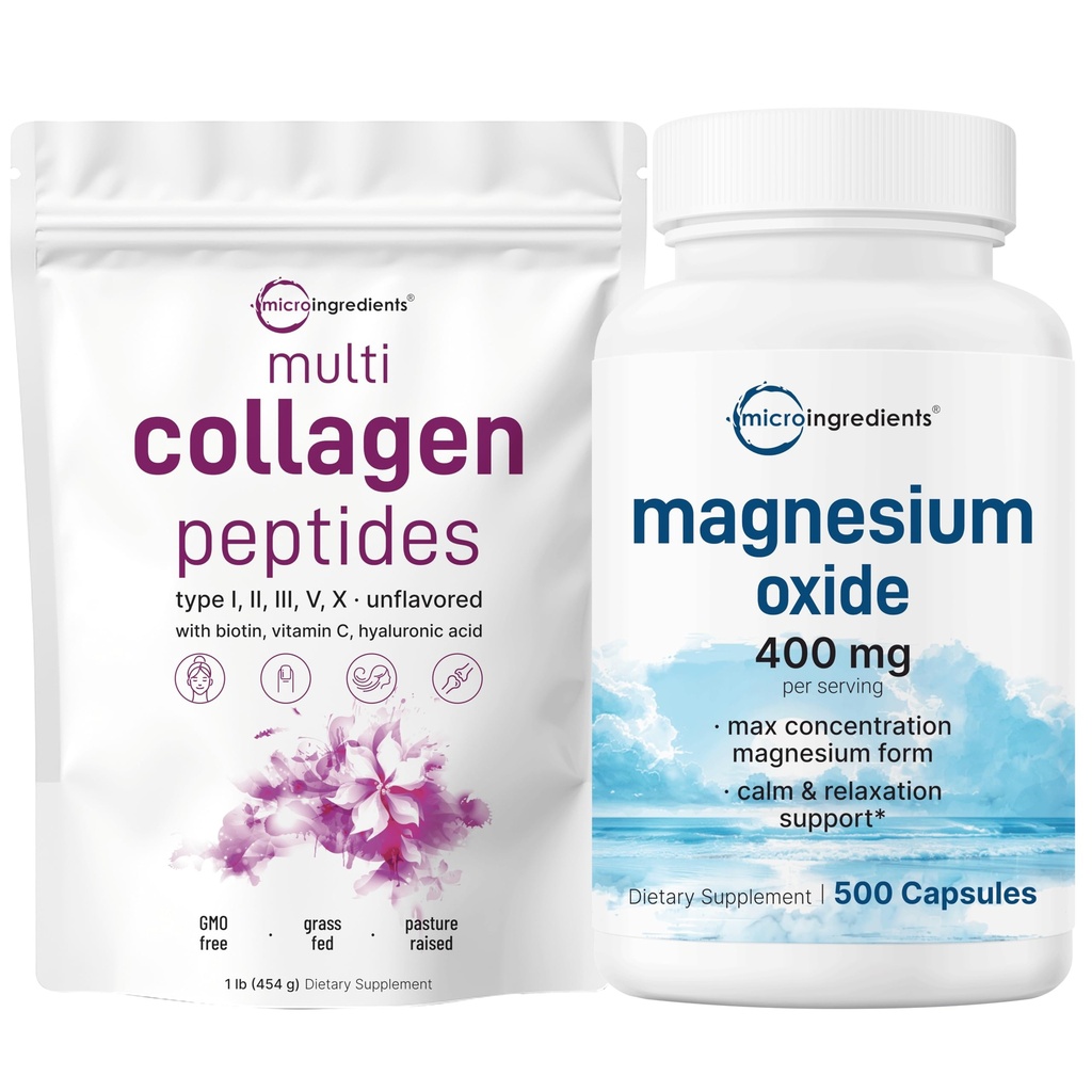 Micro Ingrediente Multi Colagen Pudră de proteine 16 oz și oxid de magneziu 400 mg Bundle Pack 