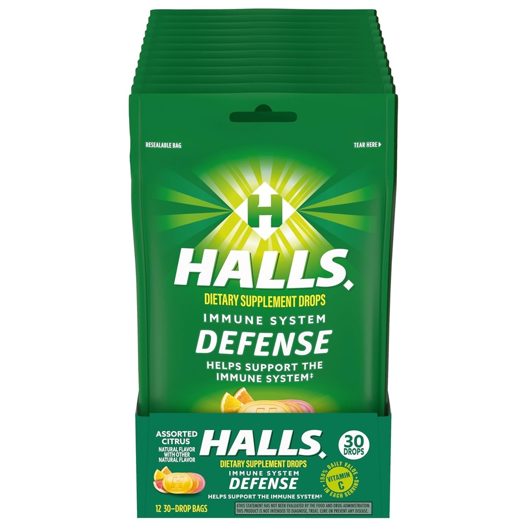 HALLS Defense Asortate Citrus Vitamina C picături, picaturi suplimentare dietetice, 12 pungi de 30 picături (360 picături totale)