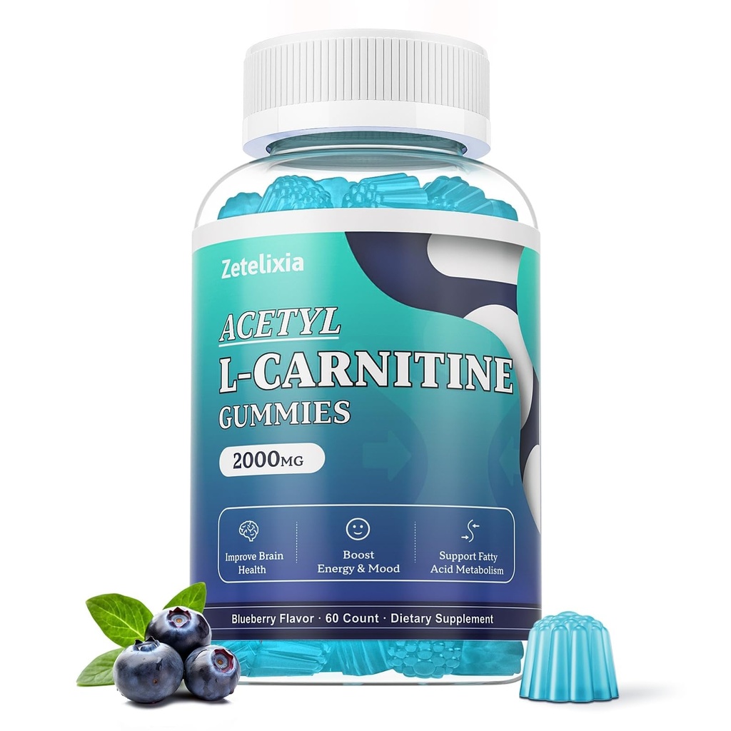 Zahăr Acetil L-Carnitina Gumies, L-Carnitina Supliment pentru femei și bărbați, cu vitamina C & B12, ALCAR pentru energie, Brain & Heart Health Support, Vegan, Non-GMO, 60 Conte