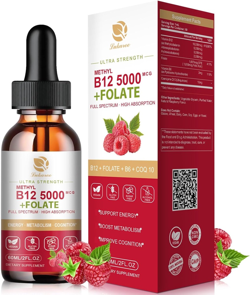 Lukaree Vitamina B12 Drops sublingual Vegan B12 Vitamine Lichid-Full Spectrum-Metilcobalamină, Adenosyl & Hidroxid B12, pentru energie, Focus, Mood & Immune Support- 2 Luna de aprovizionare, 2 fl oz