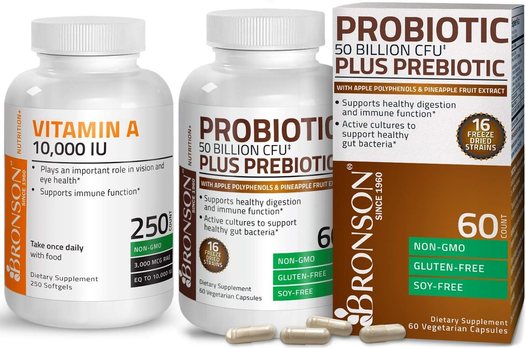 Probiotic Bronson 50 Miliarde CFU + Prebiotic cu polifenoli de mere și extract de fructe de ananas + vitamina A 10000 UI Formula premium non-GMO