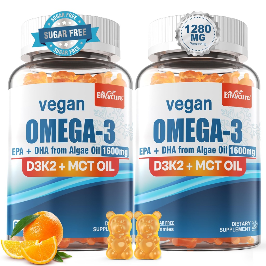 Vegan Omega 3 Gumries 1280mg + Vitamina D3 K2 (MK7), Omega 3 Ulei de pește Alternative pentru adulți, w/Algae EPA 600mg & DHA 400mg, Ulei MCT - Nici un gust de pește - pentru creier, ochi, sănătate imună, zahăr liber, 2 Pack