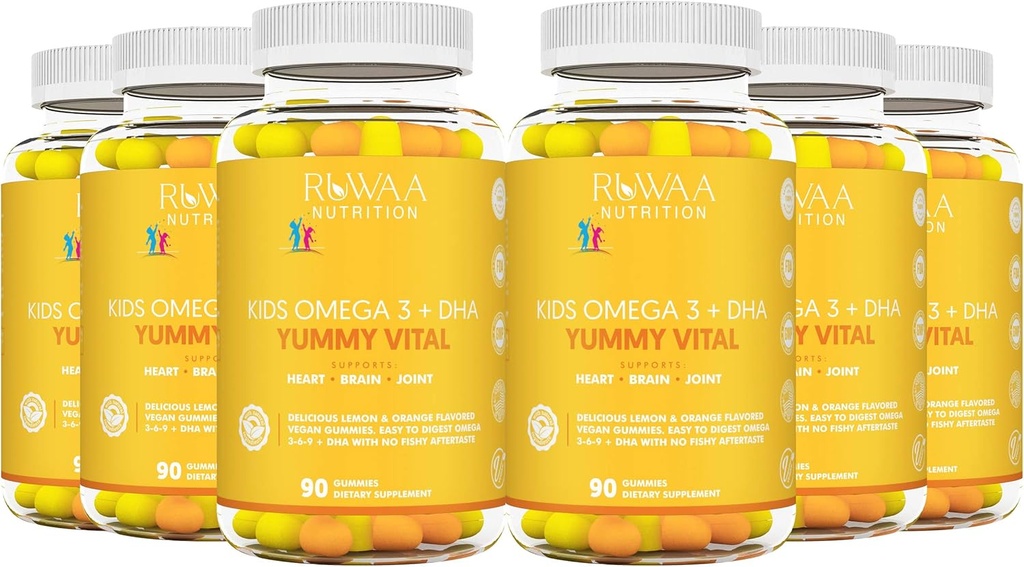 RUWAA NUTRITION Copii Omega 3 gume DHA EPA Omega 3 copii suplimentare. Fără ulei de pește After-Taste Vegan Omega 3 6 9 + DHA Gumies & Vitamina C. Cognitive Health, Focus, Vision. Copii Omega 3 540ct (6)