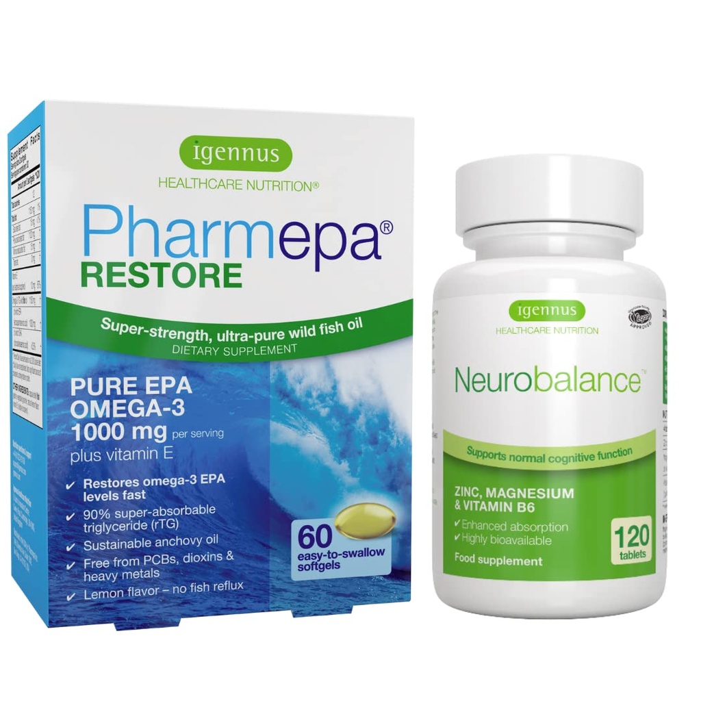 Igennus Pharmepa Recuperează EPA + Neuroechilibrare Zinc, Magneziu & Vitamina B6 Mood Health Bundle for Attention & Focus