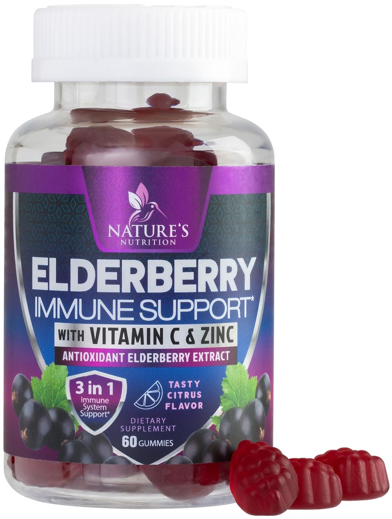 Suport imun Gummies - Sambucus Elderberry Gummy cu extract de elder Berry, Zinc & Vitamina C, Natural Vegan Supliment imunitar pentru adulți și copii, Gummy Elderberry Vitamine - 60 Gummies