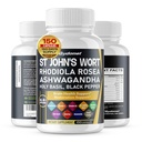 St. John's Wort Rhodiola Rosea Ashwagandha Holy Basil Valerian Chamomile Black Pepper -150 Capsule - Made in USA