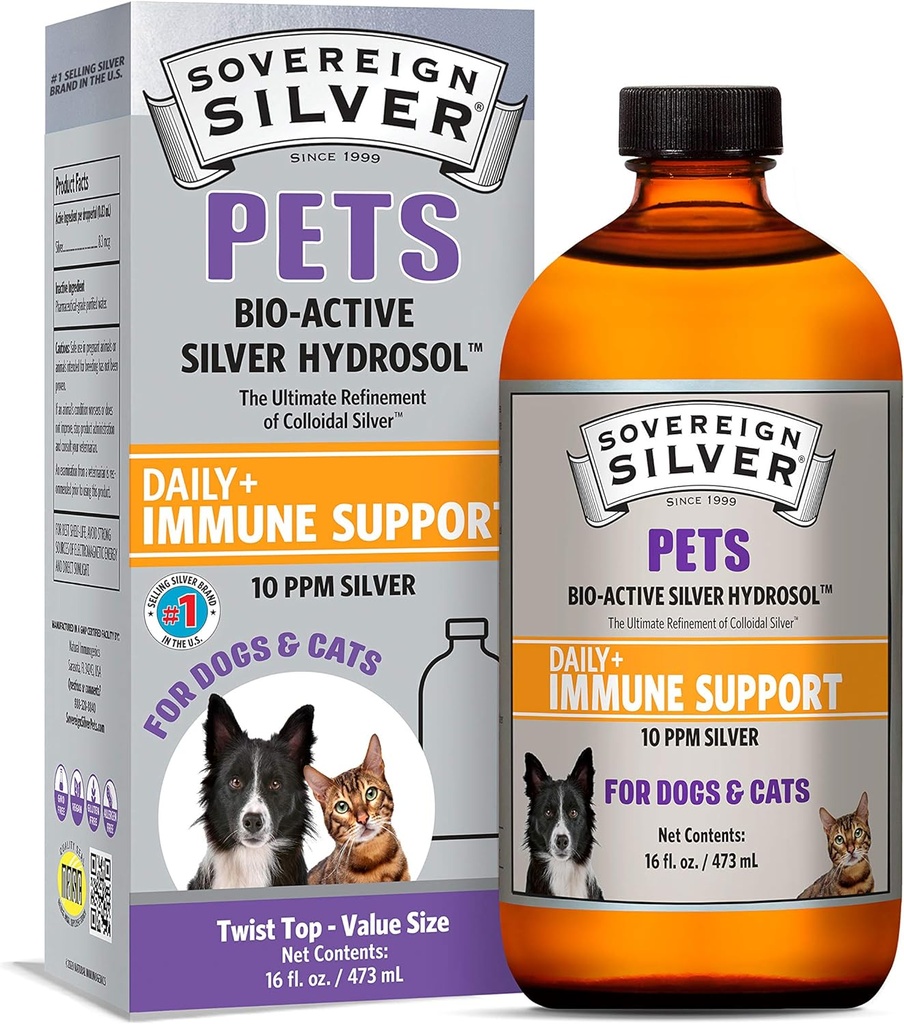 Sovereign Silver Pets Immune Support - Silver coloidal, Bio-Active Silver Hydrosol, pentru câini și pisici, 10 ppm, lichid Twist Top, 16 Fl Oz, (473 ml)