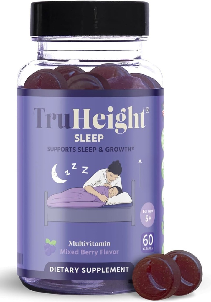 TruHeight Sleep Gummies - Copii și adolescenți Ajutor natural de somn pentru creșterea maximă - Pediatric recomandat - Copii Melatonin Gummy - Melatonina, Ashwagandha, L Theanine, Lemon Balm, Vârste 4+, Aroma mixt Berry