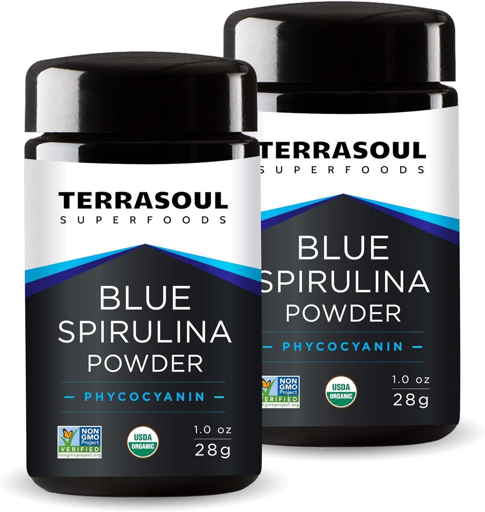 Terrasoul Superfoods Blue Organic Spirulina Powder (in Miron Glass Jar) : 2 Oz (2 Pack)