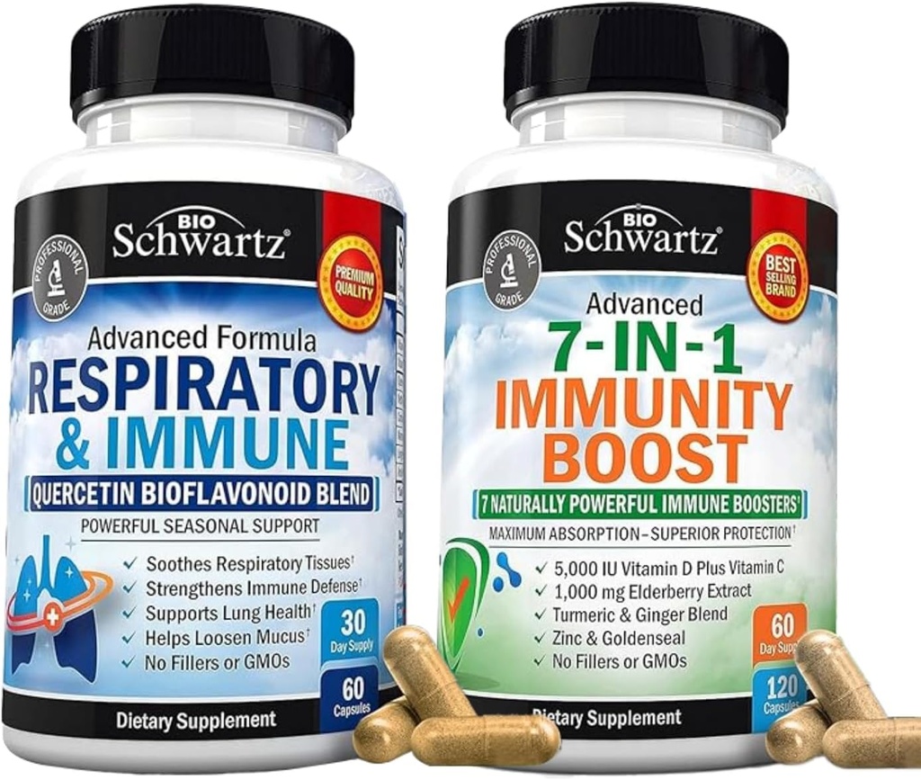 BioSchwartz Respiratory & Imunum Lung Supplement with Quercetin (1 lună de aprovizionare) Plus 7 in 1 Immun Supplement Supplement with Antioxidanti (2 lună de aprovizionare)