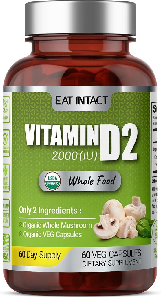 VEGAN Whole Food Vitamina D, 2000 UI (50 μg), D2, Două ingrediente (Organic Whole Mushroom și Organic Vegan Capsule), Non-GMO, Third Party Testat, 60 de zile de aprovizionare