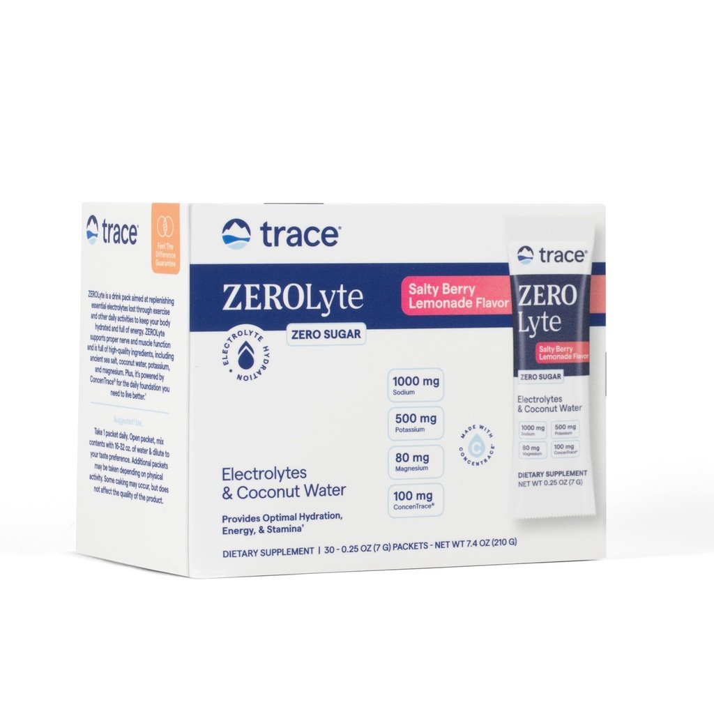 Trace Minerals ZeroLyte - Mix Mix de pulbere Suporturi hidratare & energie - SIDA Nervi sanatosi si functie musculara - Suport inima si Digestie Sanatate - Salty Berry Lemonade, 30 Pachete (30 Serviri)