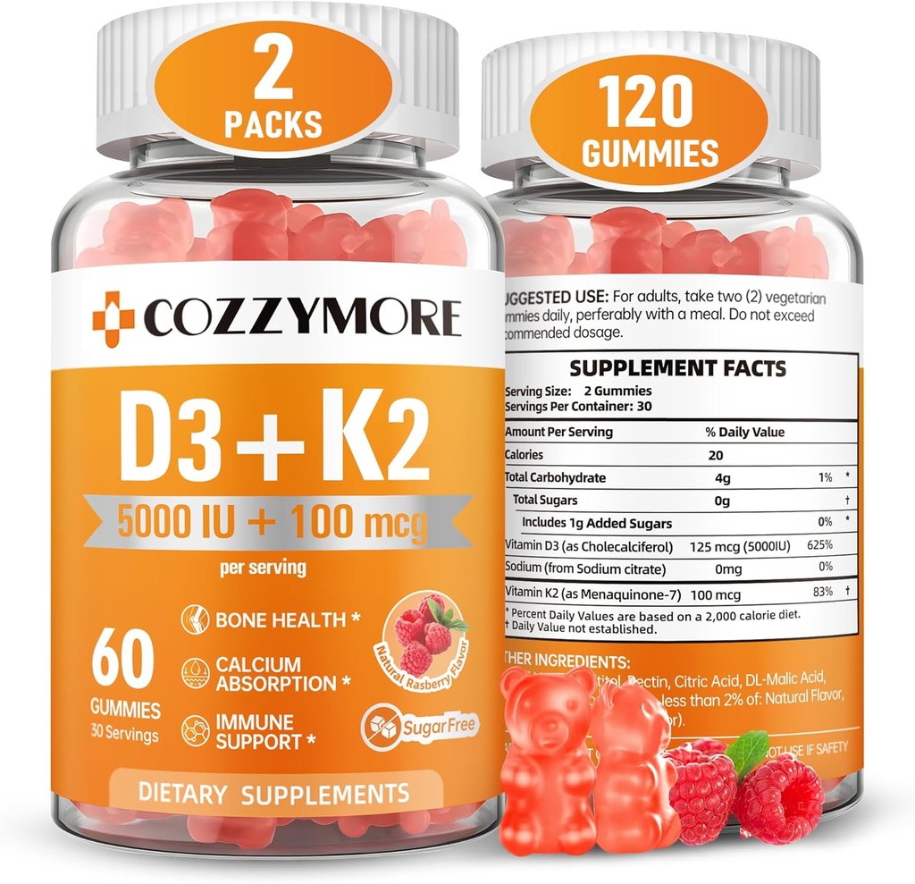 Vitamine D3 K2 fără zahăr, vitamina D Gumies Supliment, 10000 UI + 200mcg D3 și K2 Suplimente, Gummy vitamine gustoase, suport pentru os dinți musculare imune, 60 Serviri 120 gume, zmeură