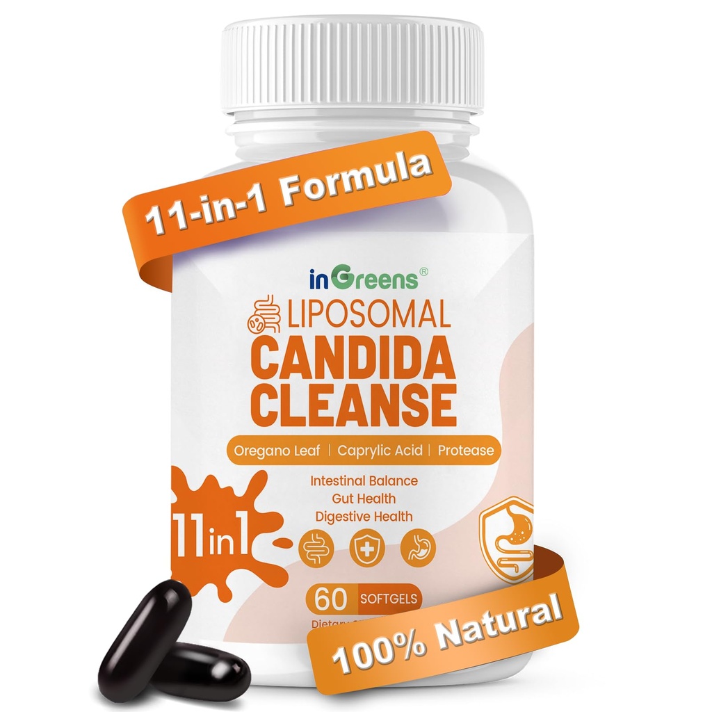 11-in-1 Candida Cleanse, Advanced Candida Cleanse Detox pentru Femei si Barbati, Candida Supplement with Oregano, Caprylic Acid, Probiotics & Herbal extracts, 60 Softgels
