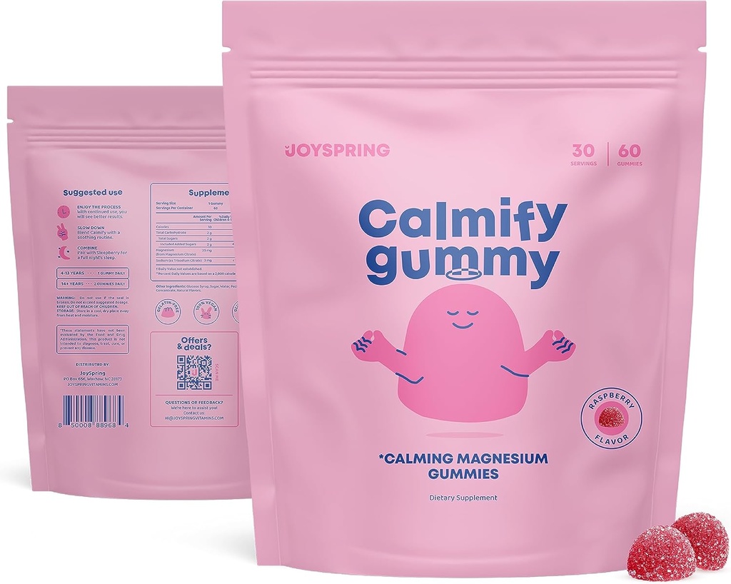 JoySpring Copii Gummies Magneziu - Gummies calm pentru copii - Calm Magneziu suport natural pentru copii și adolescenți Tasty Low Sugar Calmant 60 Conte