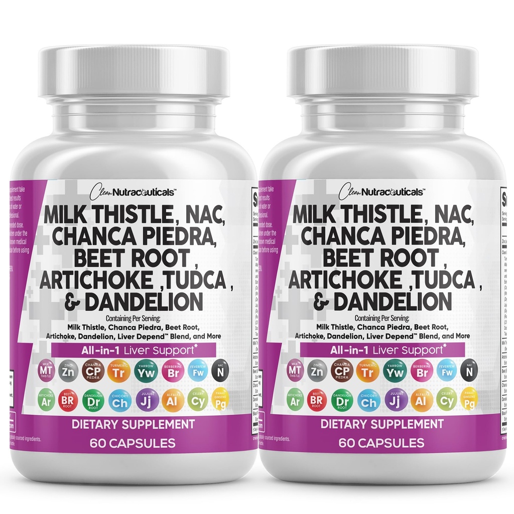 Clean Nutraceuticals Milk Thistle NAC Chanca Piedra Beet Root Anghinare Root - Liver Cleanse Supplement Plus TUDCA Choline & Ginger - 2Pack