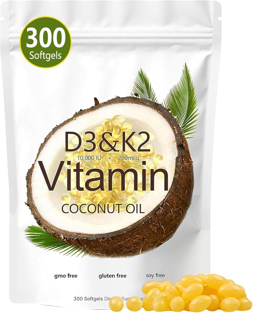 Vitamina D3 K2 Softgel, D3 K2 Vitamina 10000 UI, 10000 UI VIT D3 + 200 MCG Vitamina K2, fără OMG-uri, Gluten, Soy, Bone Health, Sprijină Absorbţia calciului, 300 Geluri