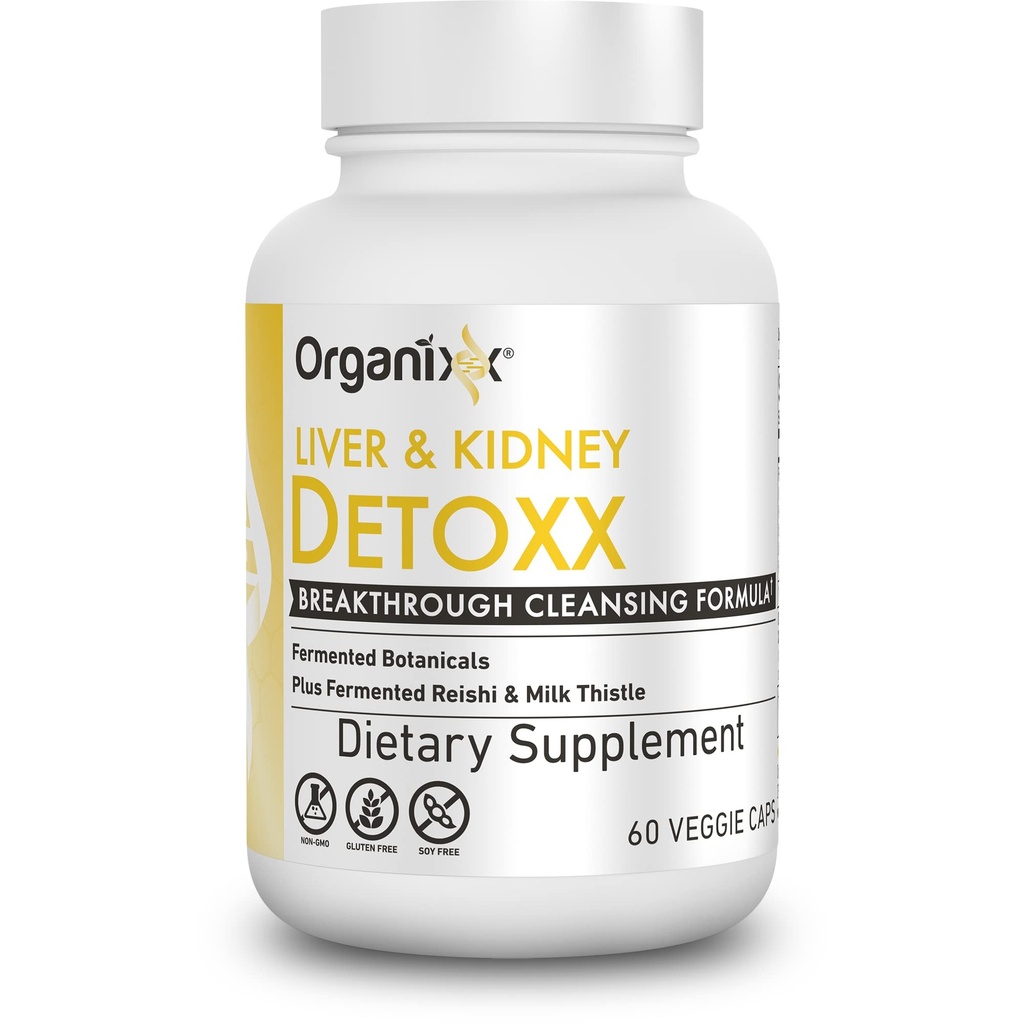 Organixx Rinichi și suport hepatic Curățați Suplimentul, Milk Thistle Reishi Herbal Formula pentru Sănătate Digestivă, Rinichi și Sănătatea Ficatului, Sleep & Energy Support, Gluten Free, Non OMG, 60 Capsule vegetariene