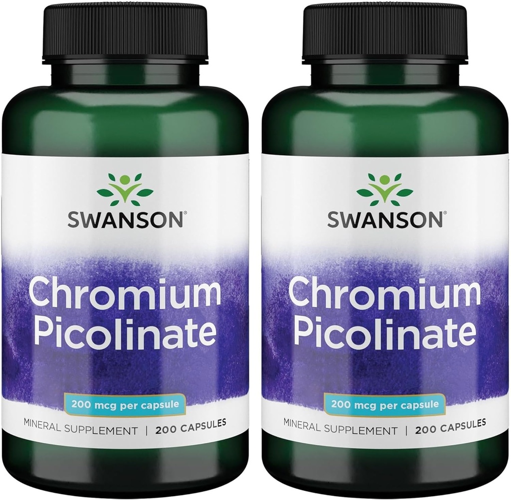 Swanson Crom Picolinat - Suplimentul natural de promovare a metabolismului si managementului greutatii - suporta niveluri sanatoase de zahar din sange deja in intervalul normal - (200 capsule, 200mcg fiecare) 2 ambalaj