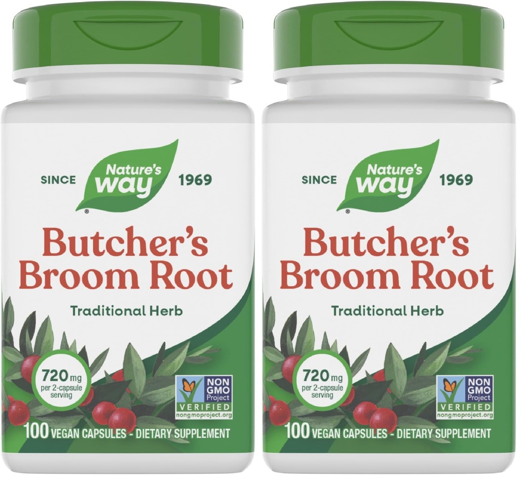 Nature's Way Butcher's Broom Root, Tradiţional Leg Vein Support*, 100 Vegan Capsules (Pachet de 2)