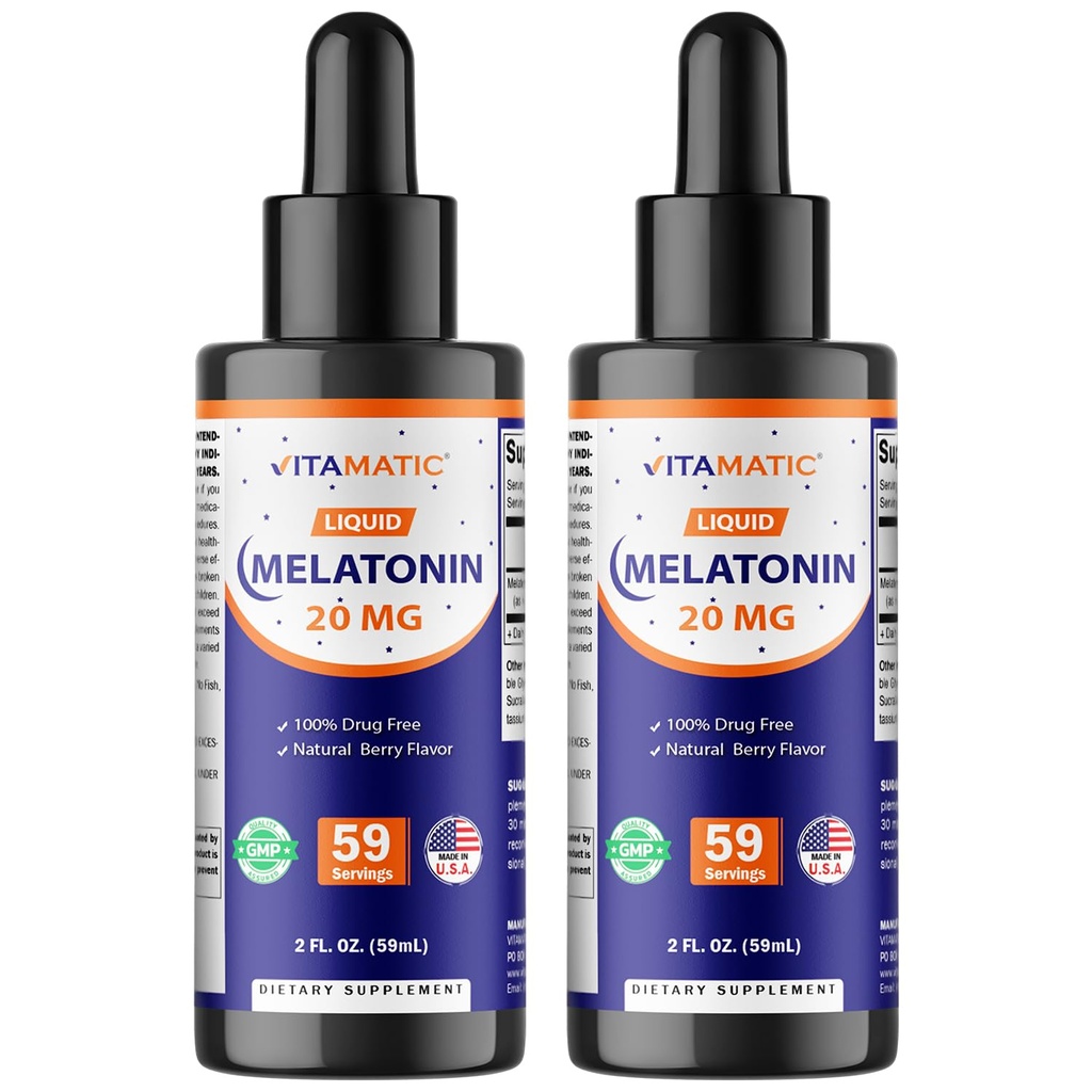 Vitamatic 2-Pack Melatonina 20mg Picături lichide - 2 fl oz (59 ml) Fiecare - Aromă naturală Berry - non-GMO, Supliment vegetarian pentru adulți