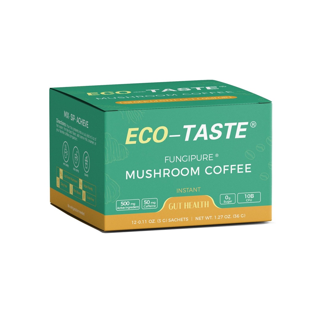 ECO-TASTE Mushroom Coffee Mix, Proiectat pentru Gut-Health cu Chaga, Lion's Mane, Turcia Coada, Yacon și Probiotics 12 Sachete