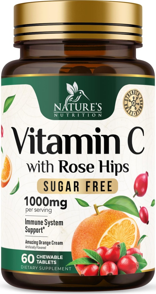 Vitamina C Chemable 1000mg - Antioxidanti de putere suplimentara pentru suport imunitar puternic w/Vitamina C & Rose Hips - Potent Dietary VIT C Chews Supliment, Aroma de portocale naturale, Vegan, Non-GMO - 60 comprimate