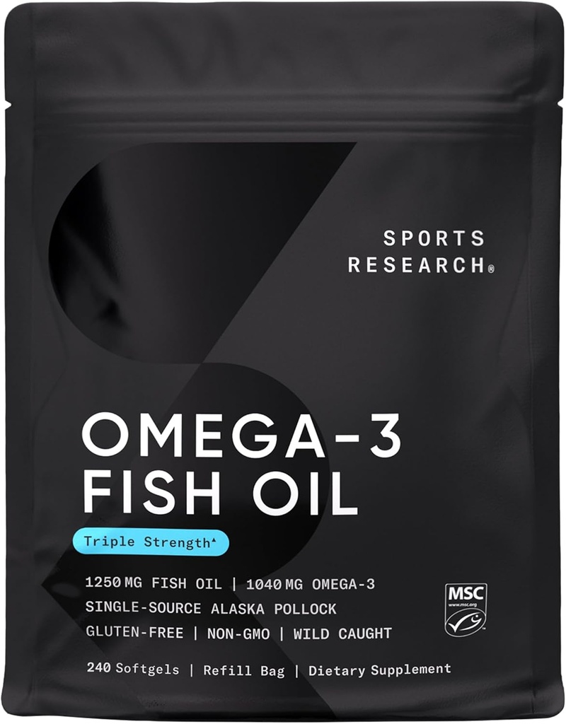 Cercetare sportivă Triple Putere Omega 3 Ulei de peşte - Burpless Fish Oil Supplement w/EPA & DHA Acidi graşi din Alaska sălbatică Pollock - Heart, Brain & Immune Support for Men & Women - 1250 mg, 240 ct