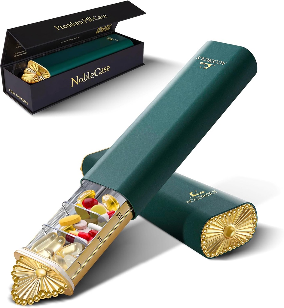 Premium Weekly Pill Organizator, 7-Day Compact Pilula Case pentru Purse, Lightweight Gold Aluminum Pilula pentru vitamine, Medicina, Suplimente, Cadou de wellness de lux