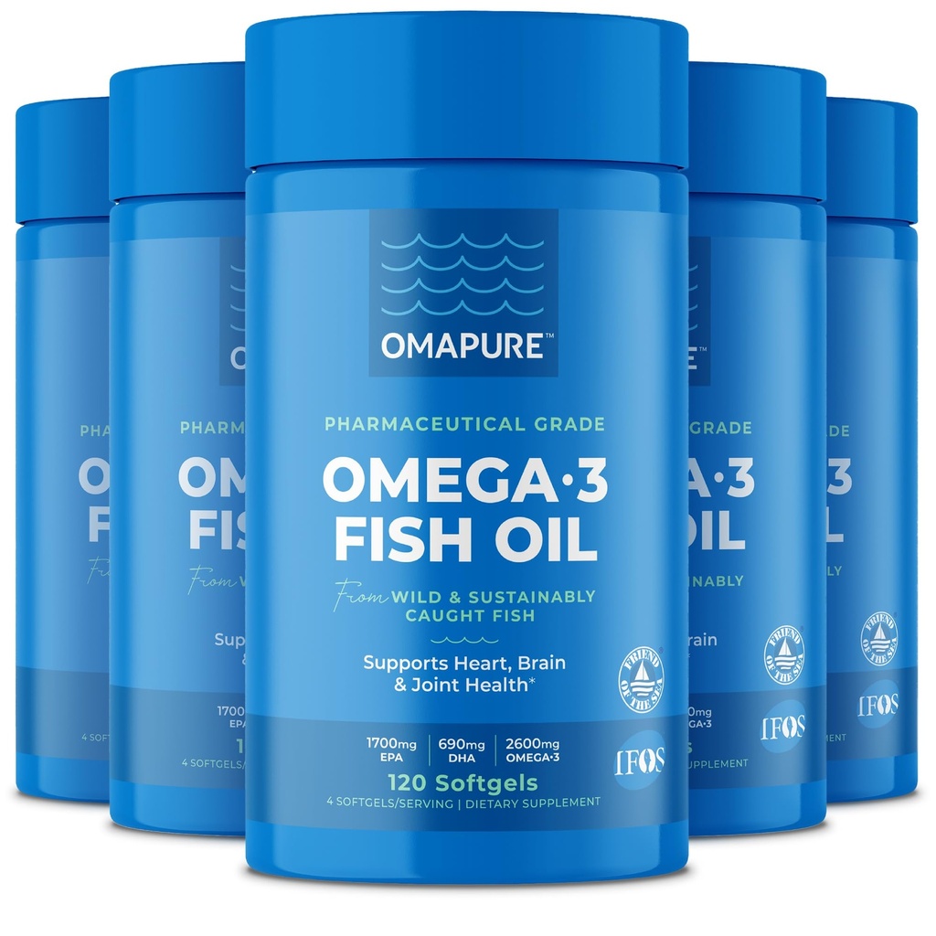 Suplimente de ulei de pește cu Omega 3 Acidi grasi (5 flacon, 120 Softgels) - EPA ridicat, DHA, & IFOS pastile de ulei de pește suport inima & sănătatea comună - ulei de pește fără burple promovează funcția creierului
