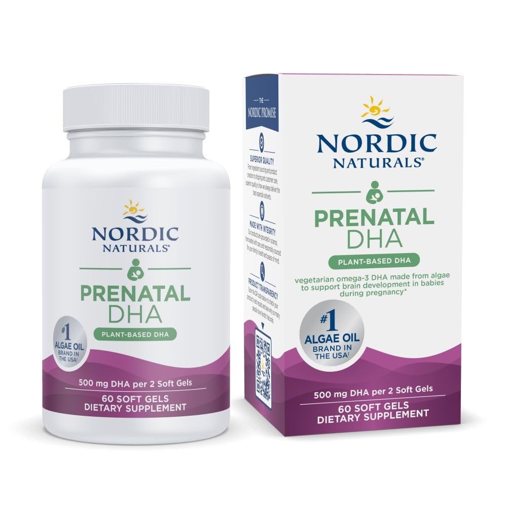 Nordic Naturals Vegan Prenatal DHA, Nearomat - 60 Geluri Soft - 500 mg Plant-Based DHA - Sprijină Dezvoltarea creierului la copii și sarcină sănătoasă - Non-GMO - 30 Servings